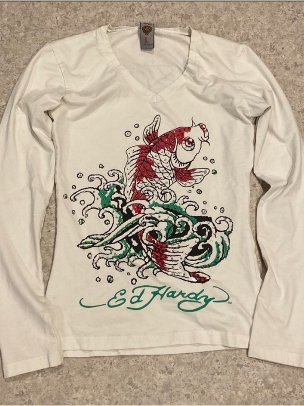 Vintage ed hardy koi white rhinestone Longsleeve